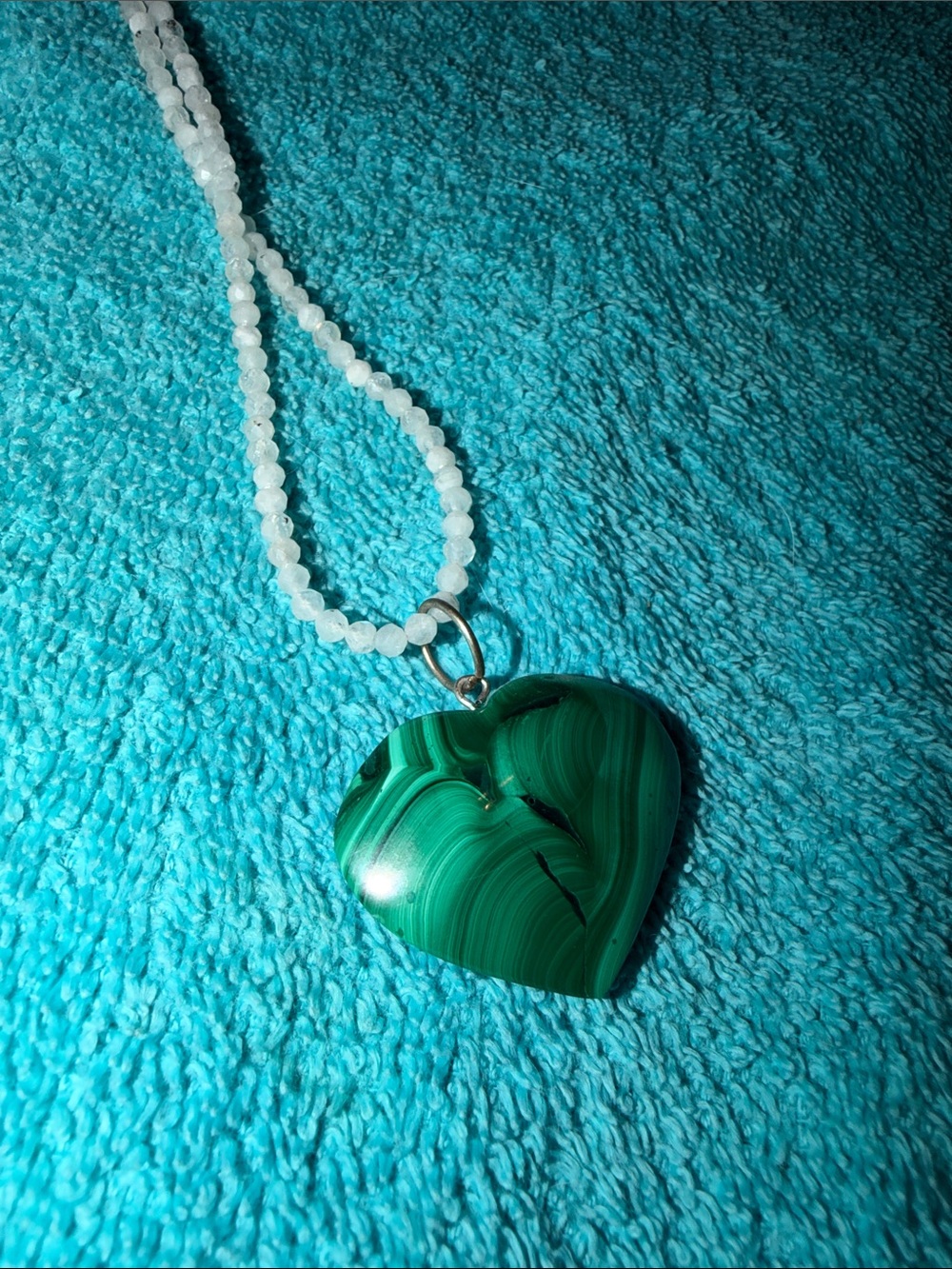 Malachite Heart Pendant with moonstone bead Necklace
